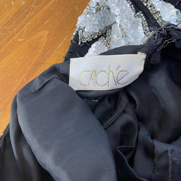 Cache Silk Hand Beaded Sequin Black White Dress 80s Puff Sleeve Womens 4 Leaves - Picture 10 of 16